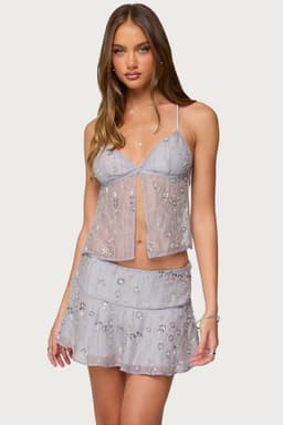 Kylie Beaded Split Front Backless Top - Polyester Sheer Embroidered