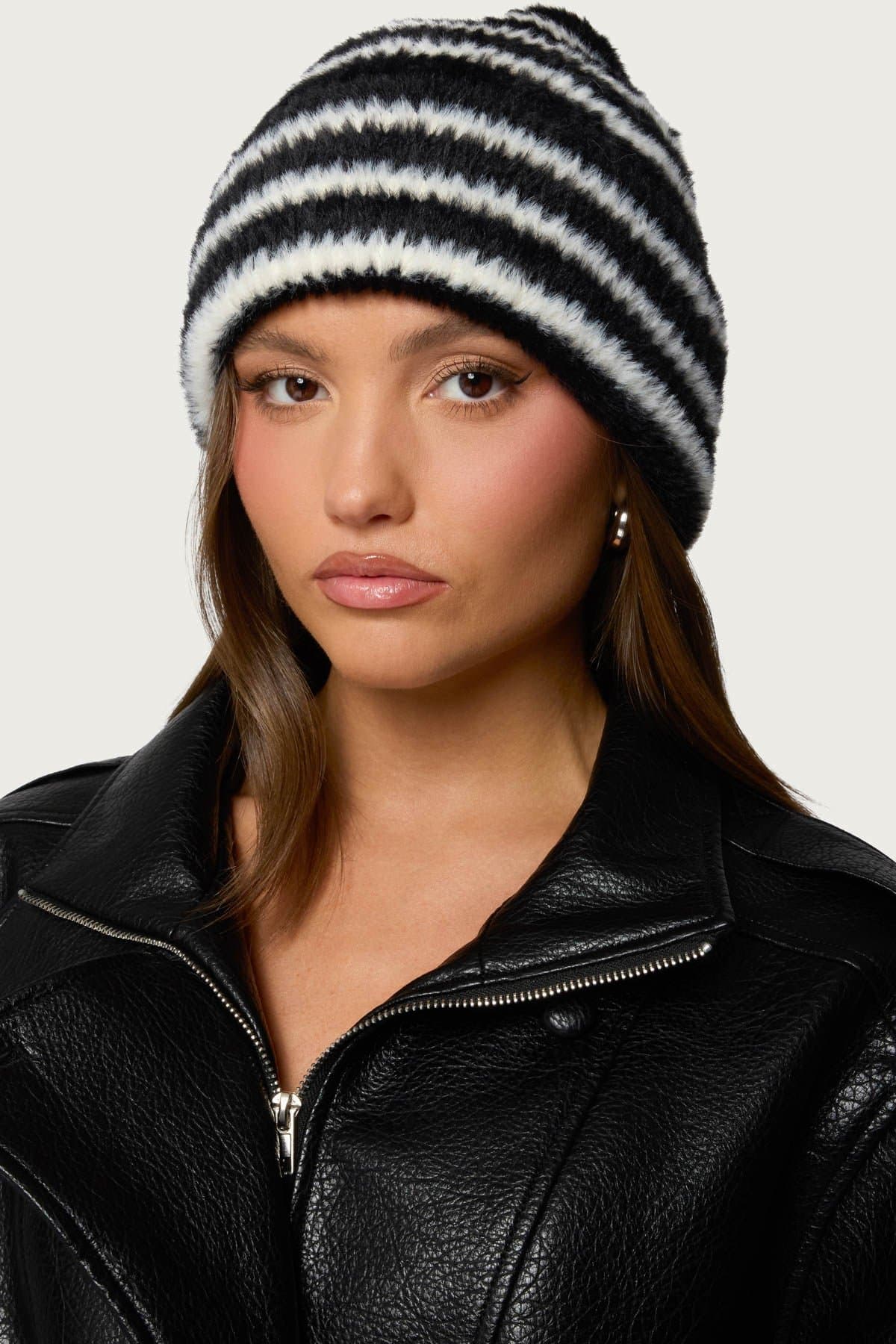 Striped Fuzzy Knit Beanie - Polyester, Height 12.6in