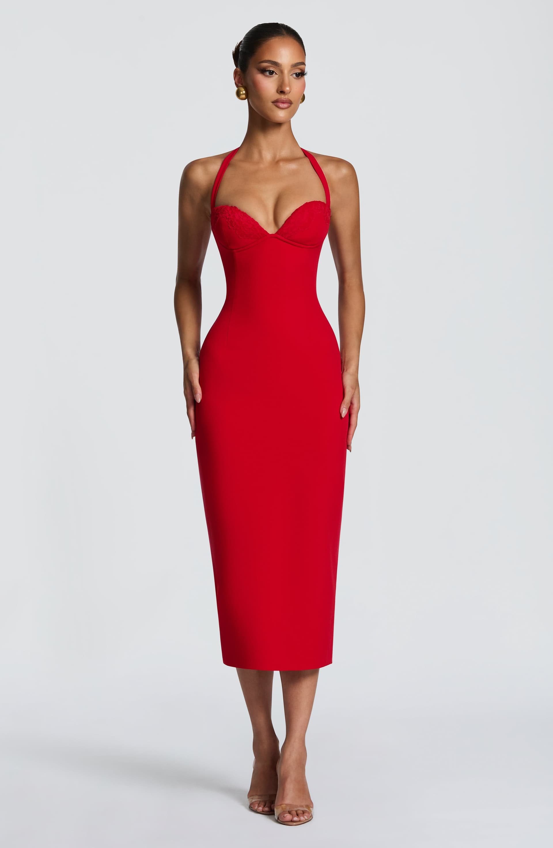Cassia Midi Dress in Red - Non-Stretch Crepe, Halterneck, Underwired Bodice