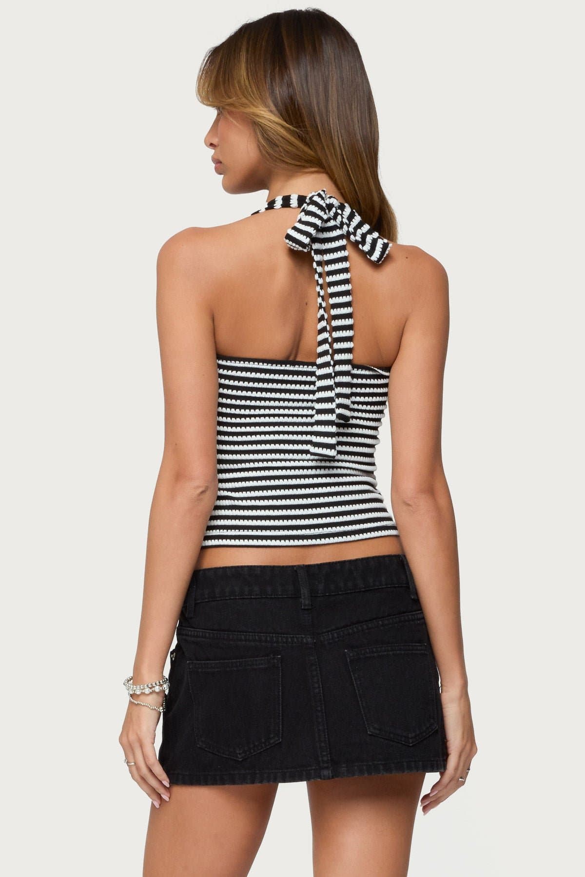 Lovina Textured Striped Halter Top - Polyester Spandex, Neck Tie Closure