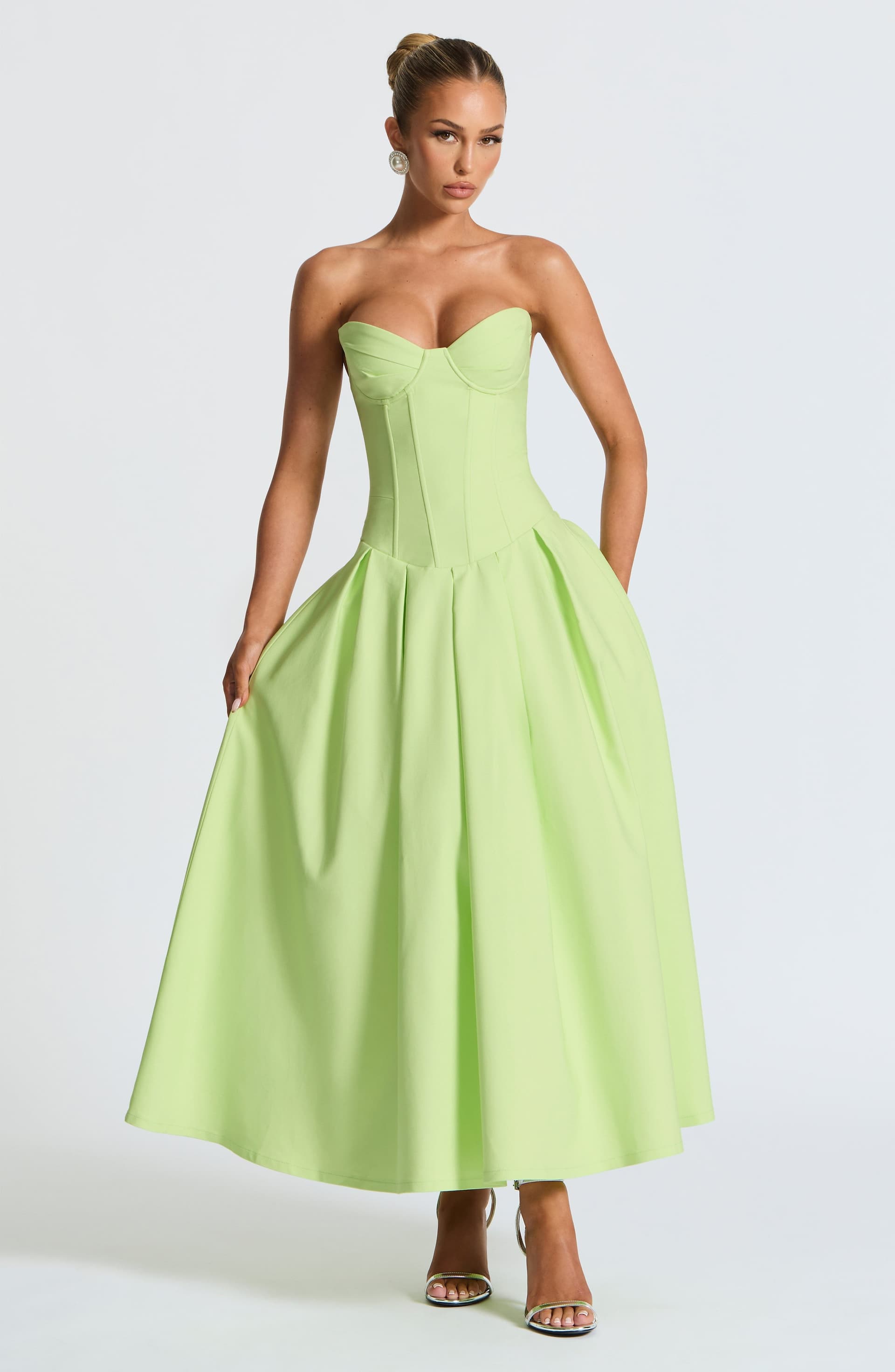 Salma Midi Dress Lime Green Stretch Bengaline Strapless Pleated Underwired