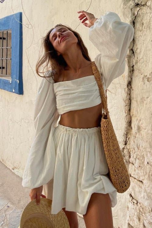 Tie Bandeau Pleated High Waist Mini Skirt Set with Puff Long Sleeves Cotton