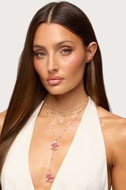 Flower & Pearly Cascading Necklace Gold Tone Adjustable 14.2-18.1in