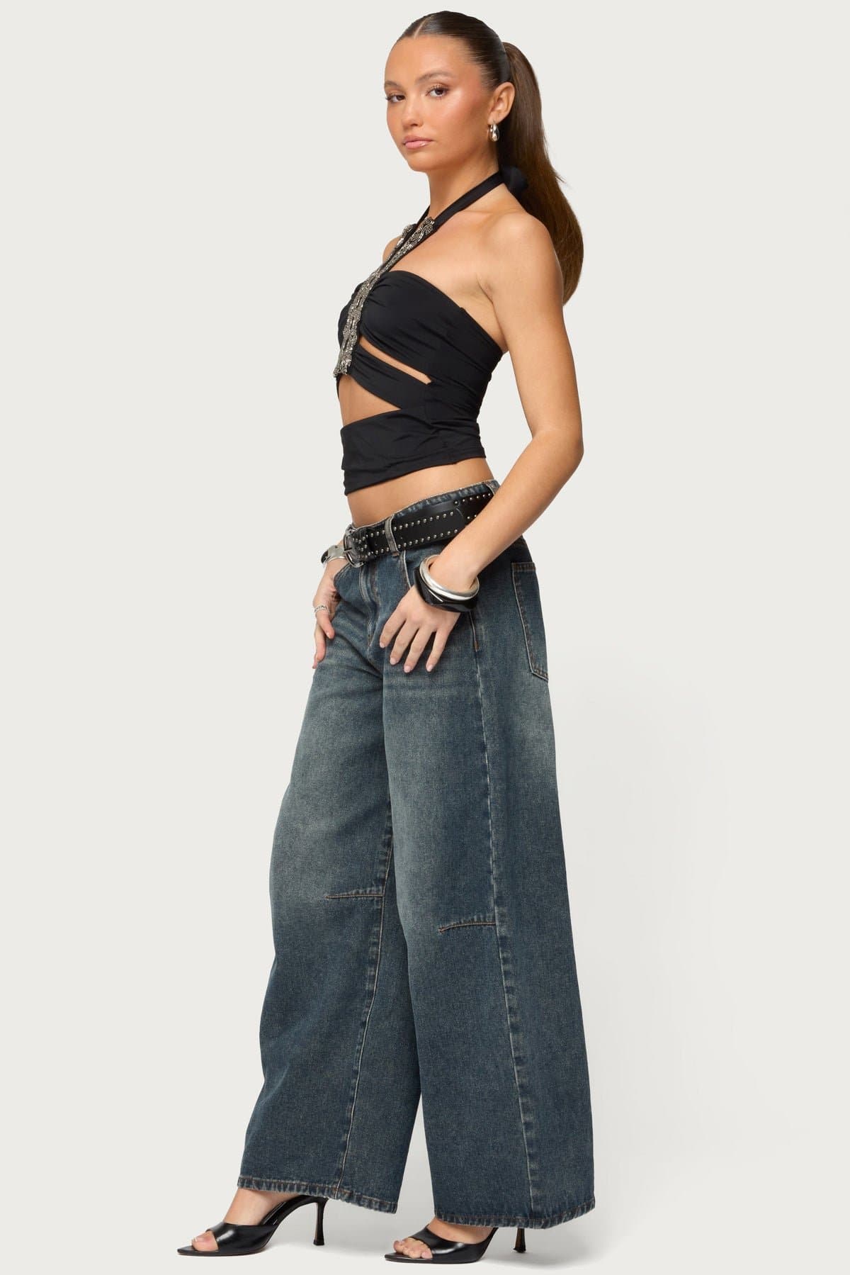 Zola Cutout Beaded Halter Top in Nylon Spandex with Ruched Detailing