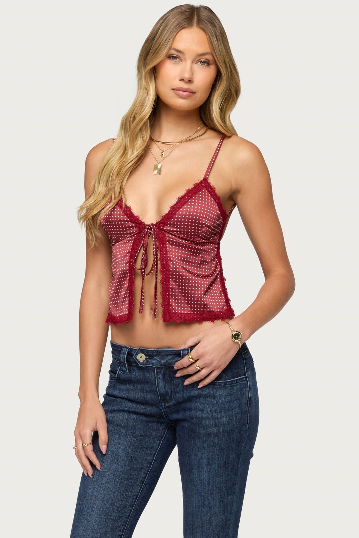 Backless Satin Effect Polka Dot Tank Top with Adjustable Straps - Polyester Spandex