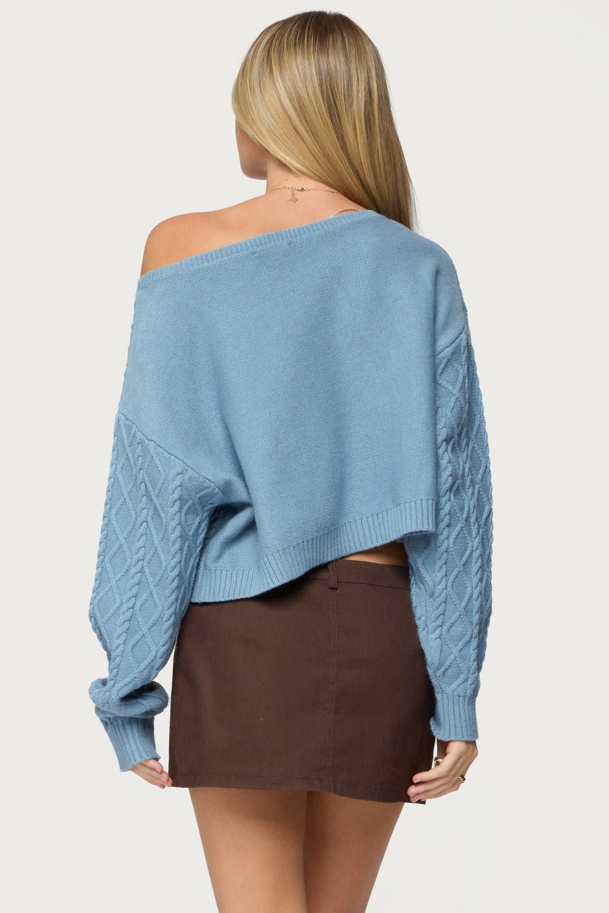Oversized Off Shoulder Cable Knit Sweater - Rayon Nylon Polyester