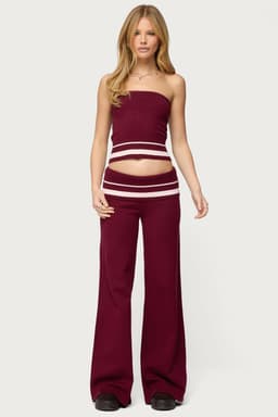 Kaliya Stripey Foldover Knit Flared Pants - Rayon Nylon Polyester Ribbed Striped Waistband