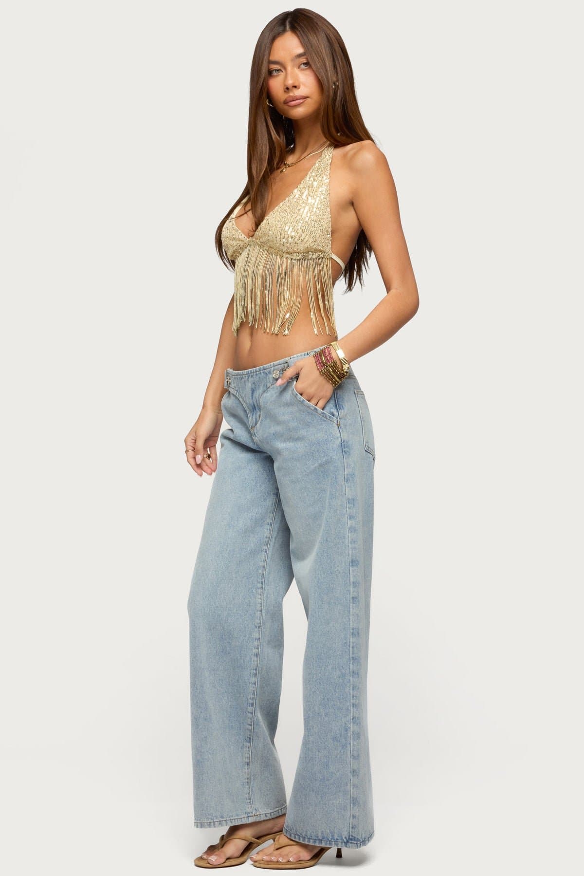 Azura Sequin Fringe Bra Top - Halter Neck Adjustable Straps Polyester