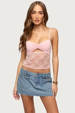 Damarie Cutout Ruched Sheer Lace Tank Top - Adjustable Straps, Nylon Spandex