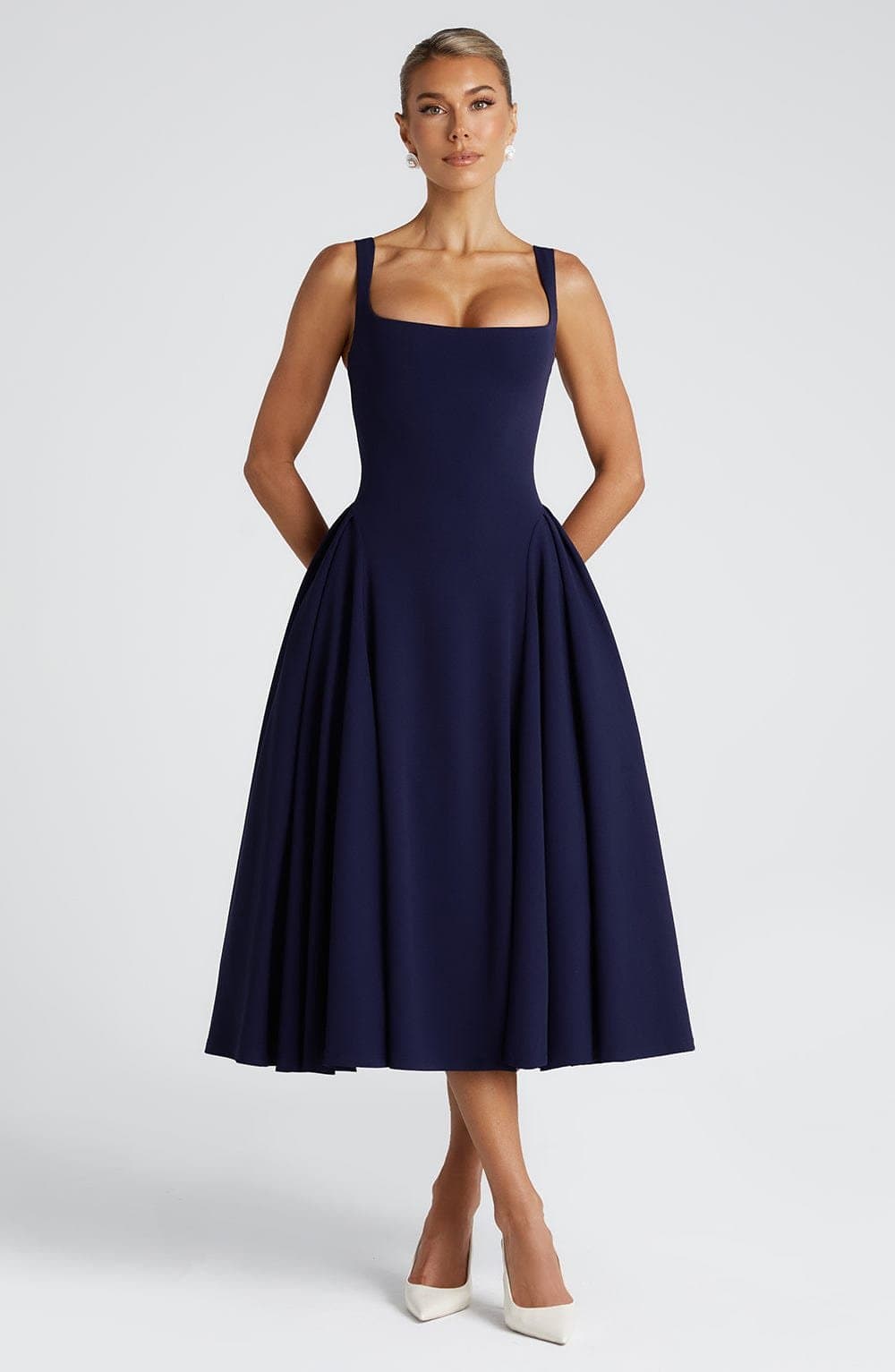 Betty Midi Dress - Navy Stretch Crepe Square Neckline Godet Skirt