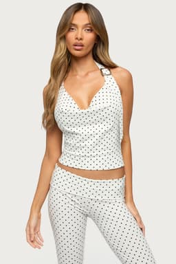 Eloisa Polka Dot Buckle Halter Top - Cowl Neck Open Back Cotton Spandex