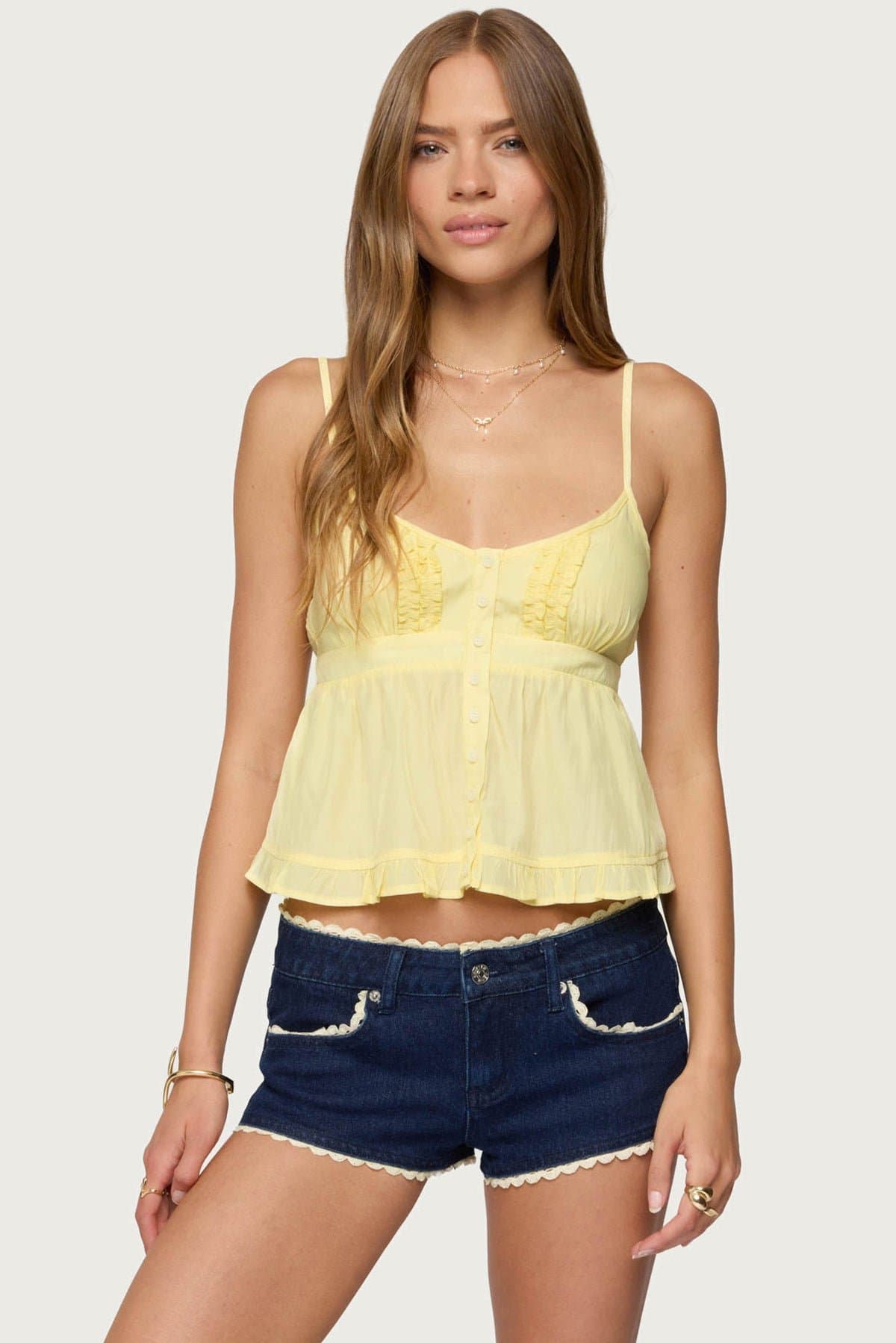 Halsey Ruffle Tank Top Adjustable Straps Front Button Cotton Polyester
