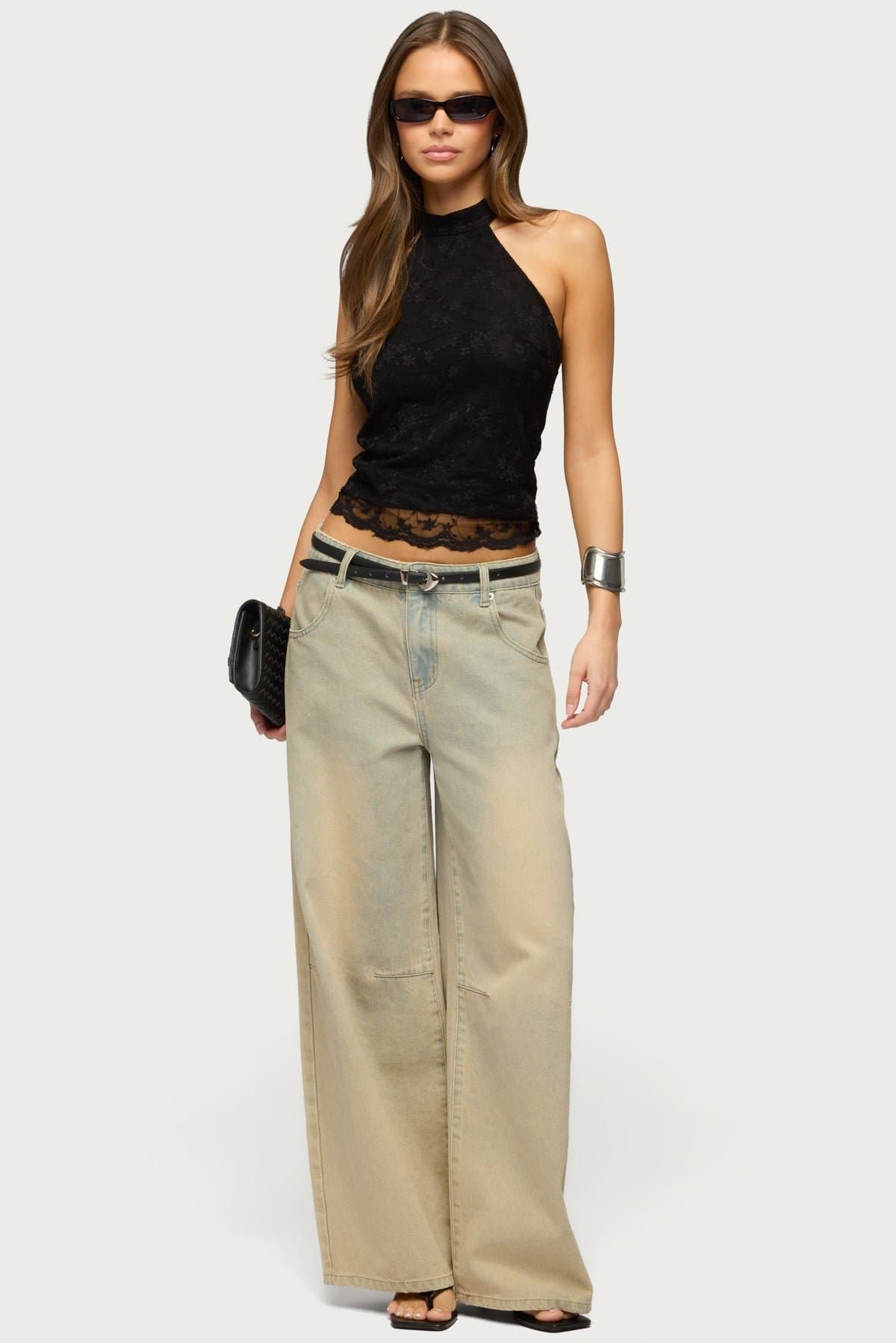 Perrie Lace High Neck Halter Top - Nylon Spandex Sheer Scalloped Hem