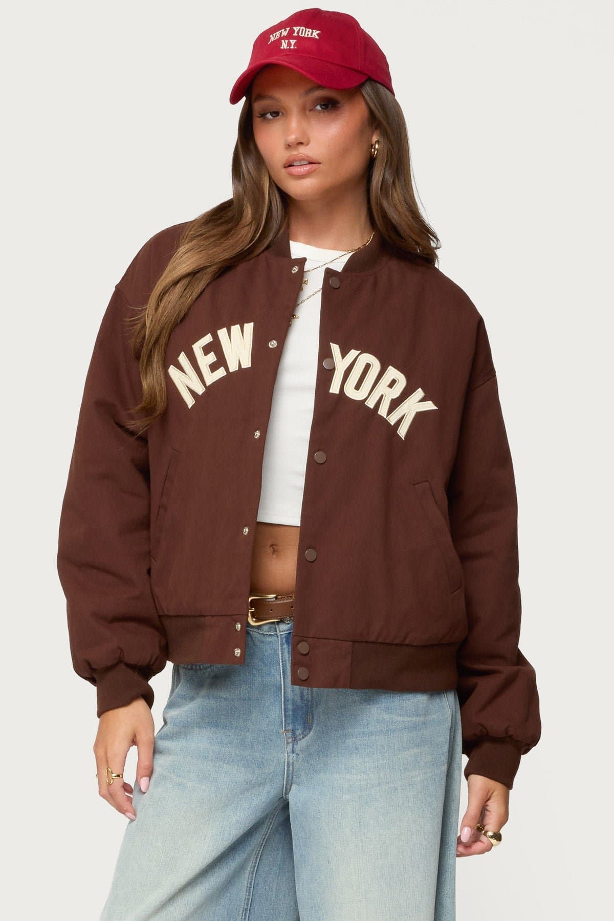Big Apple Oversized Bomber Jacket 100% Cotton Embroidered Text Snap Buttons