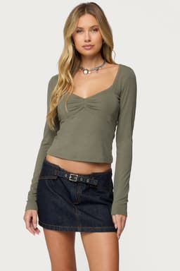 Zelly Deep V Scoop Neck Long Sleeve Top - Rayon Spandex Gathered Center Underbust