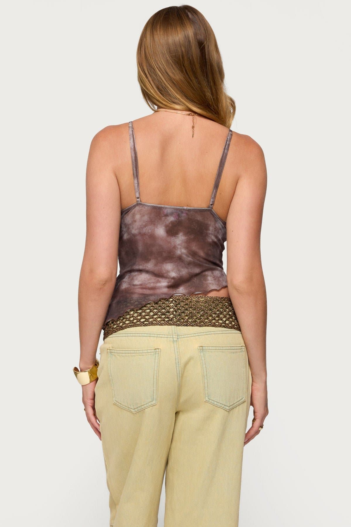 Embroidered Asymmetric Printed Mesh Tank Top with Adjustable Straps