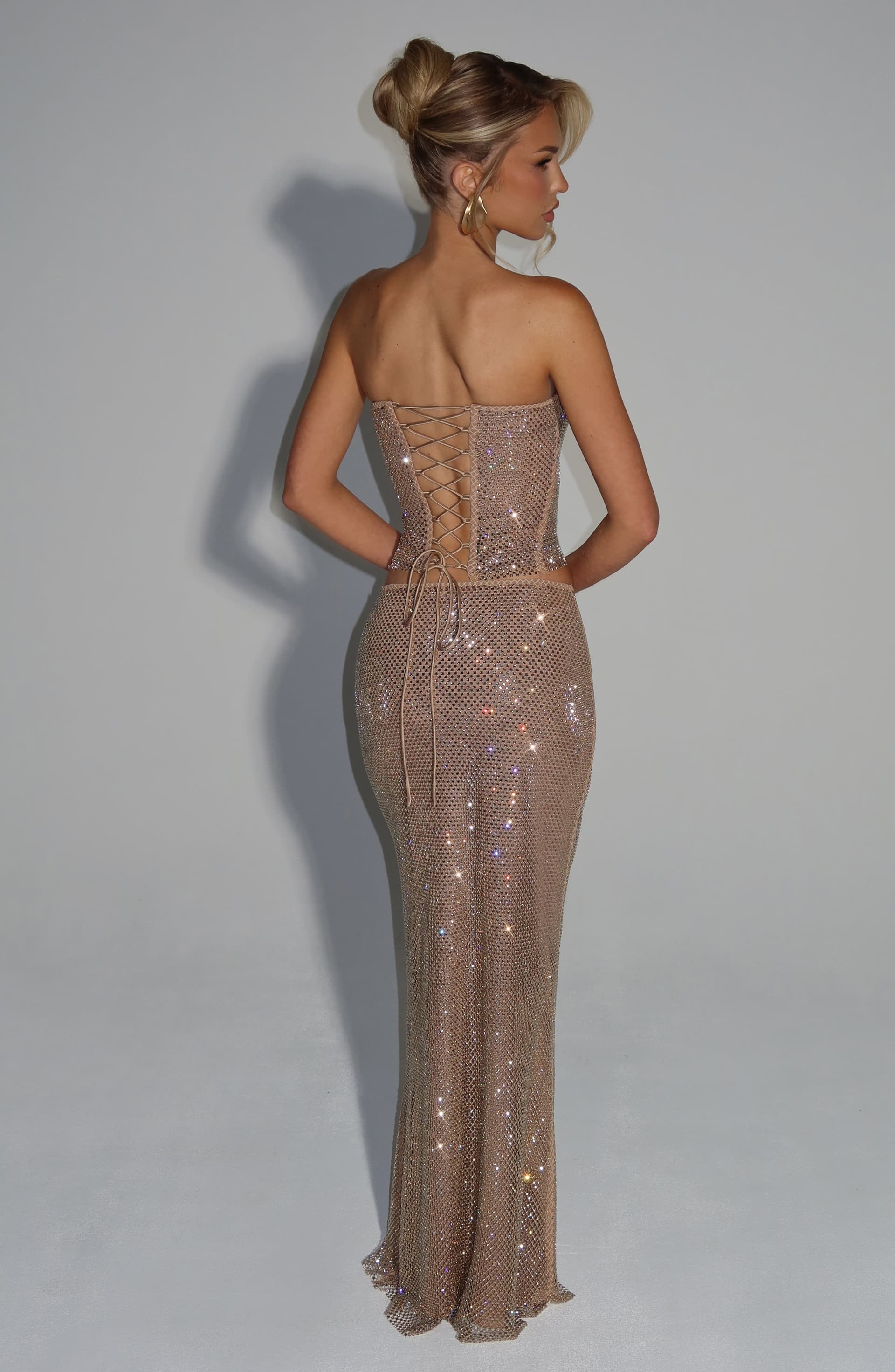 Serena Gold Strapless Rhinestone Stretch Net Top Mid-Length Lace-Up Back
