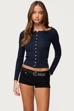 Cameo Boat Neck Button Up Top - Long Sleeve Raglan Cotton Spandex