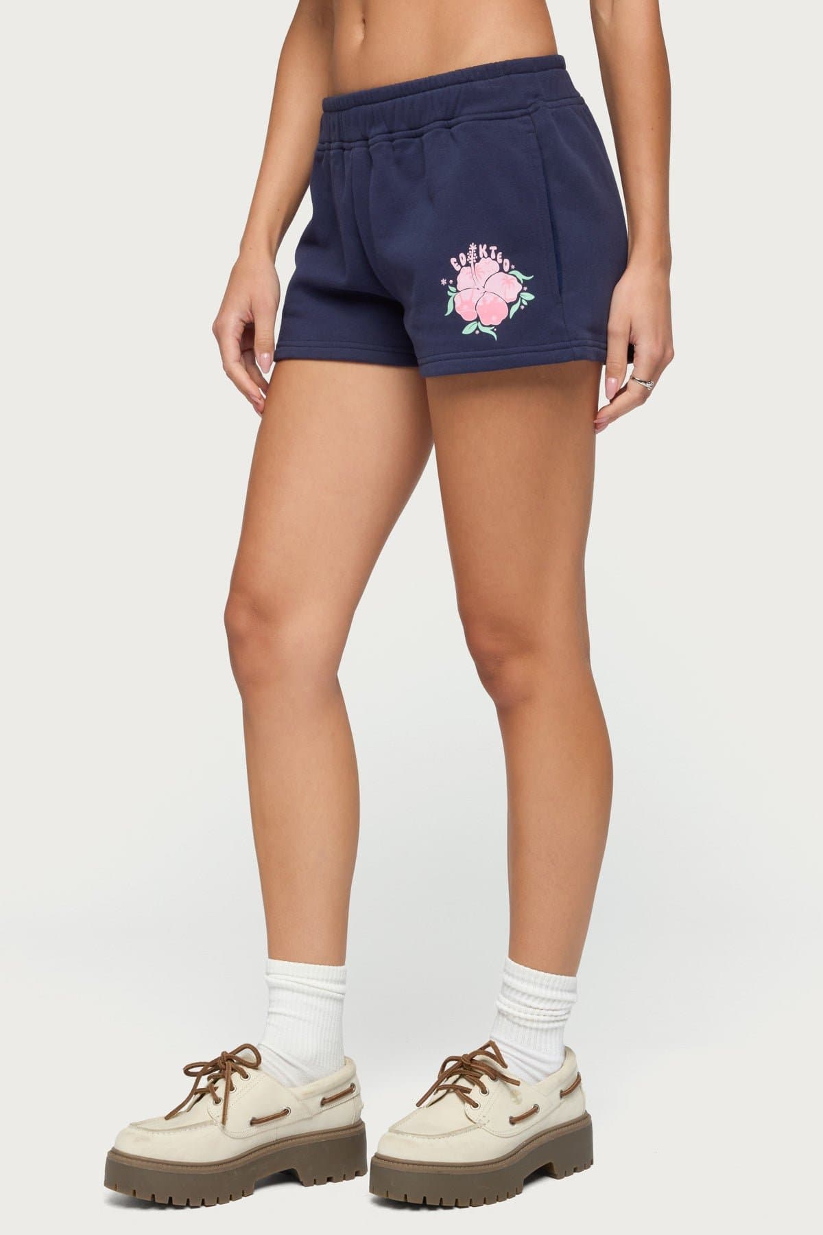 Beach Bloom Sweat Shorts - Polyester Cotton Elastic Waistband Hibiscus Print