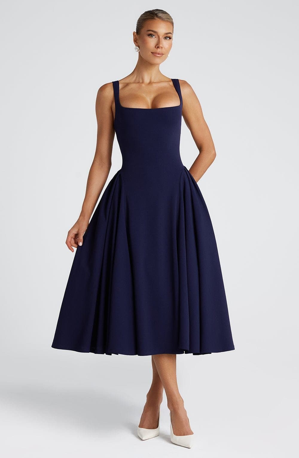 Betty Midi Dress - Navy Stretch Crepe Square Neckline Godet Skirt