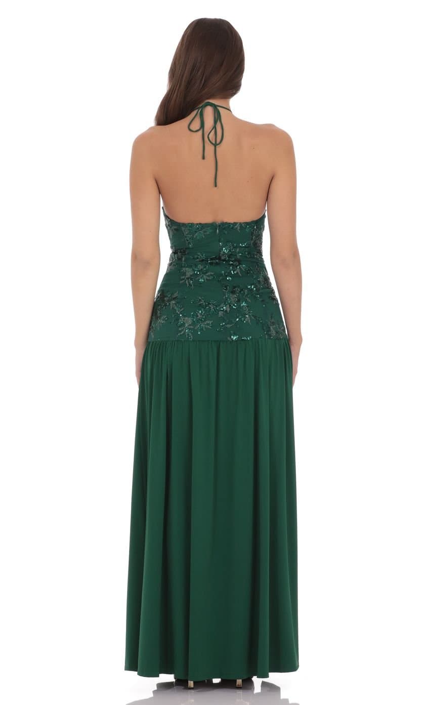 Drop Waist Sequin Maxi Dress in Green