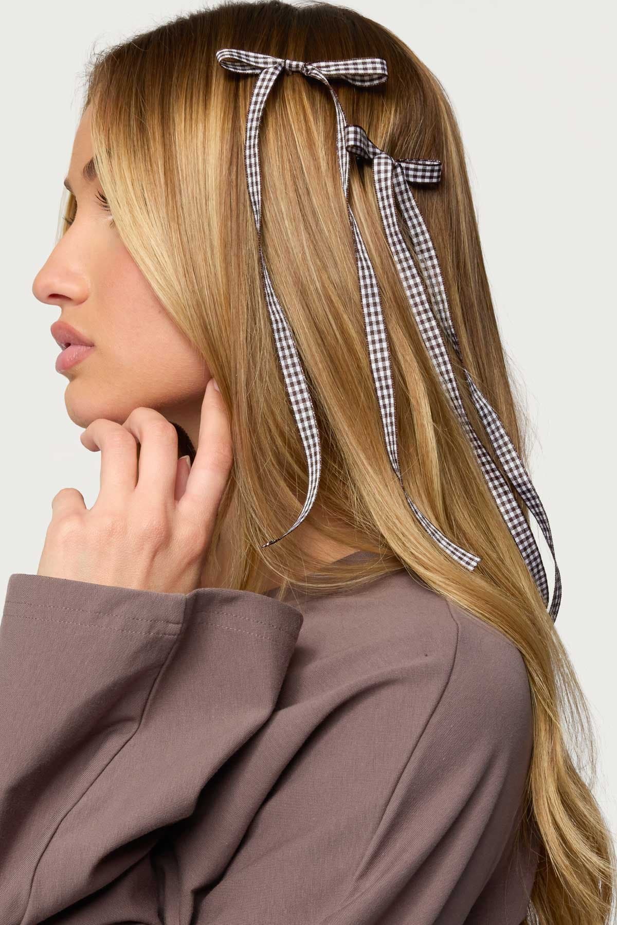 Gingham Bow Hair Clip Set of 2 Polyester 10.4 Inch Length