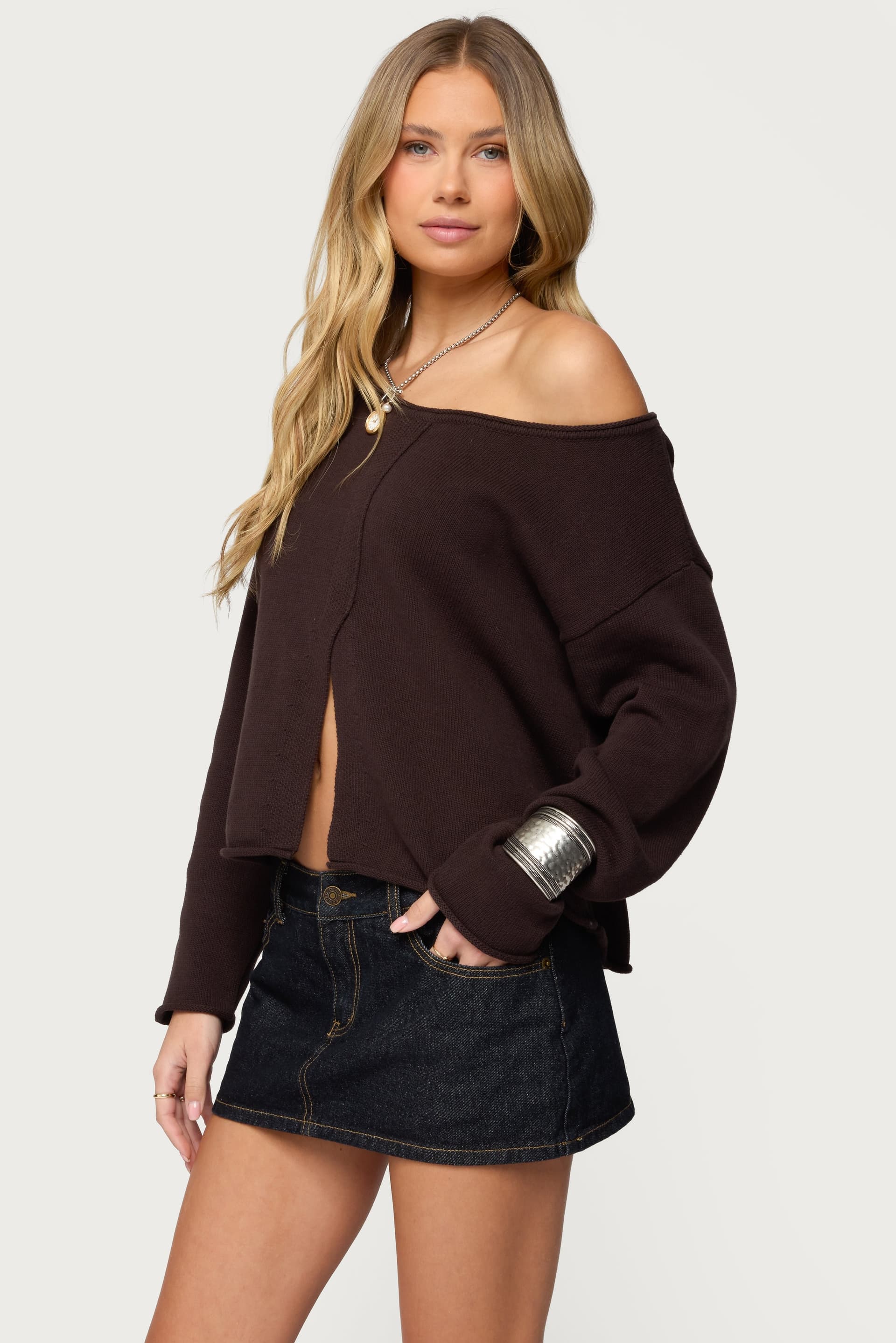 Moyra Off Shoulder Long Sleeve Knit Top - 100% Cotton Split Hem