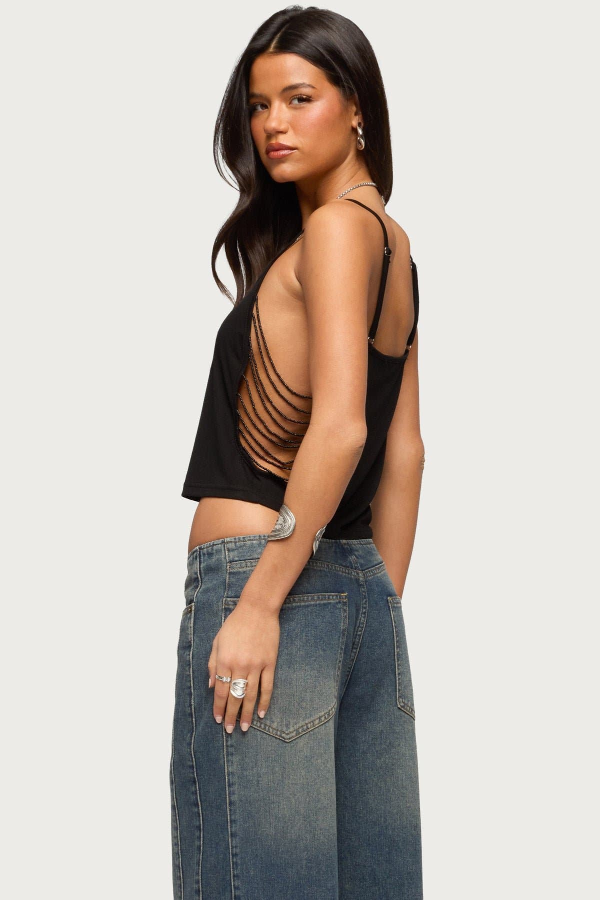Donia Cutout Beaded String Tank Top in Rayon Polyester