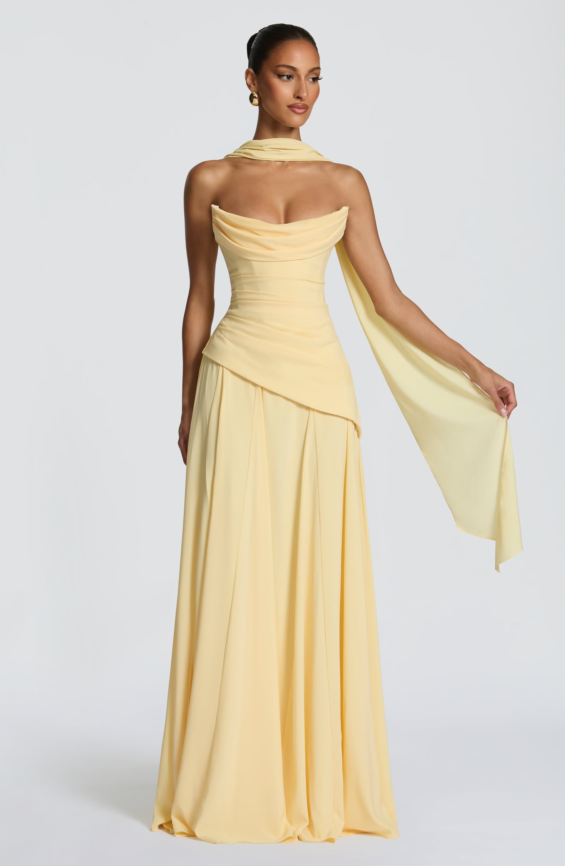 Patricia Lemon Chiffon Maxi Dress - Scooped Neckline, Lace-Up Back, Pleated Bodice
