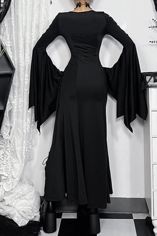 Witch Style Gothic Maxi Dress - High Waist V-Neck Batwing Sleeve Polyester Spandex