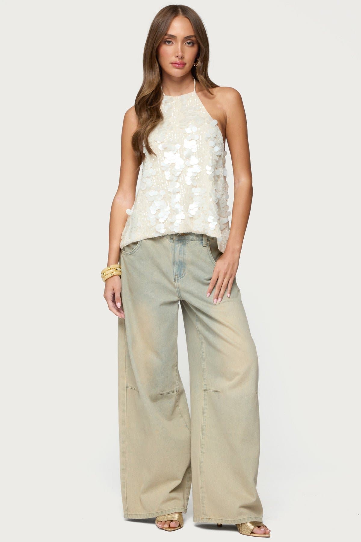 Ellorie Backless Sequin Halter Top - Polyester Spandex, Open Back Neck Tie