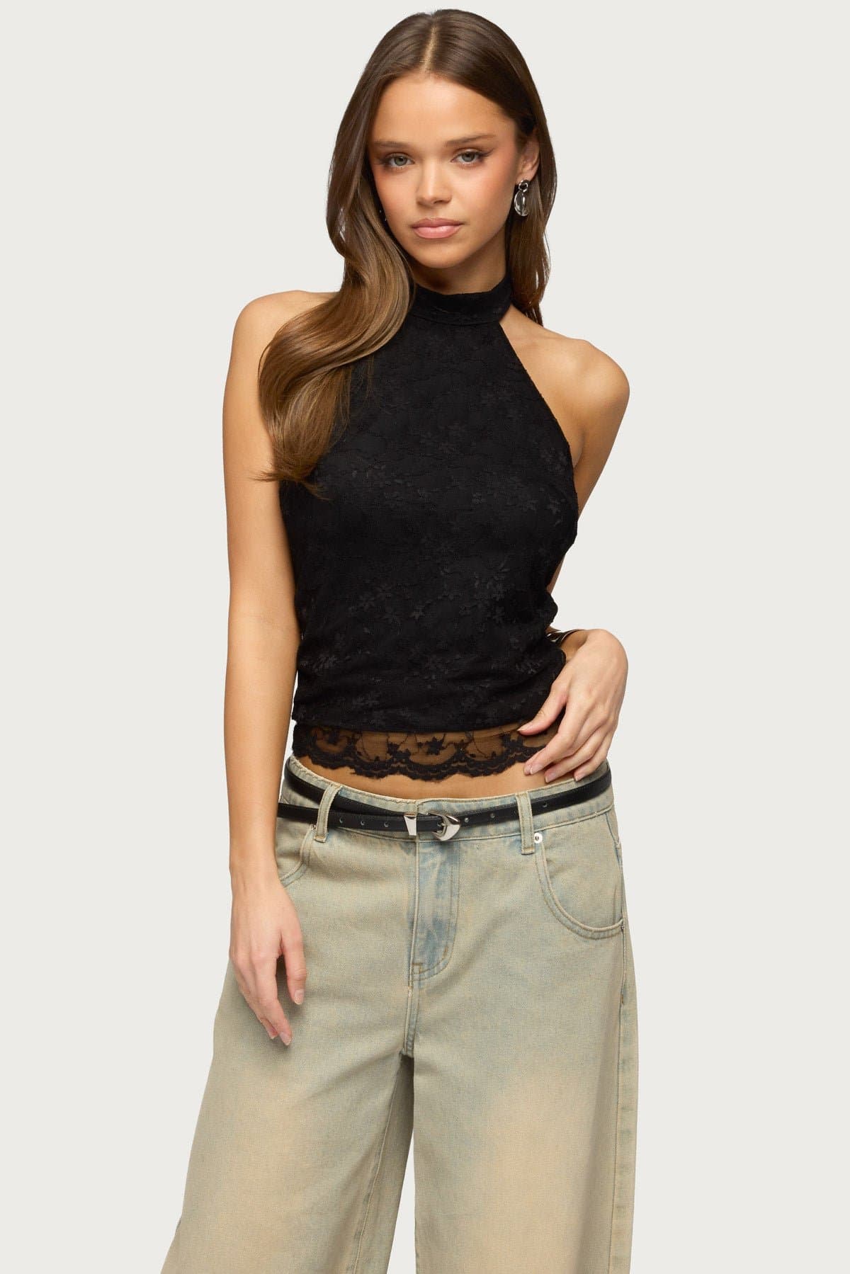 Perrie Lace High Neck Halter Top - Nylon Spandex Sheer Scalloped Hem