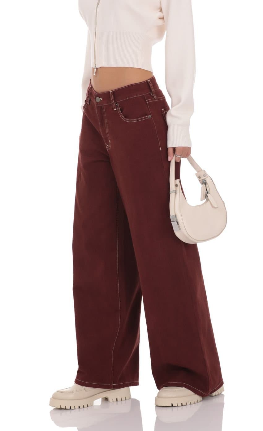 Mid Rise Wide Leg Jeans in Burgundy