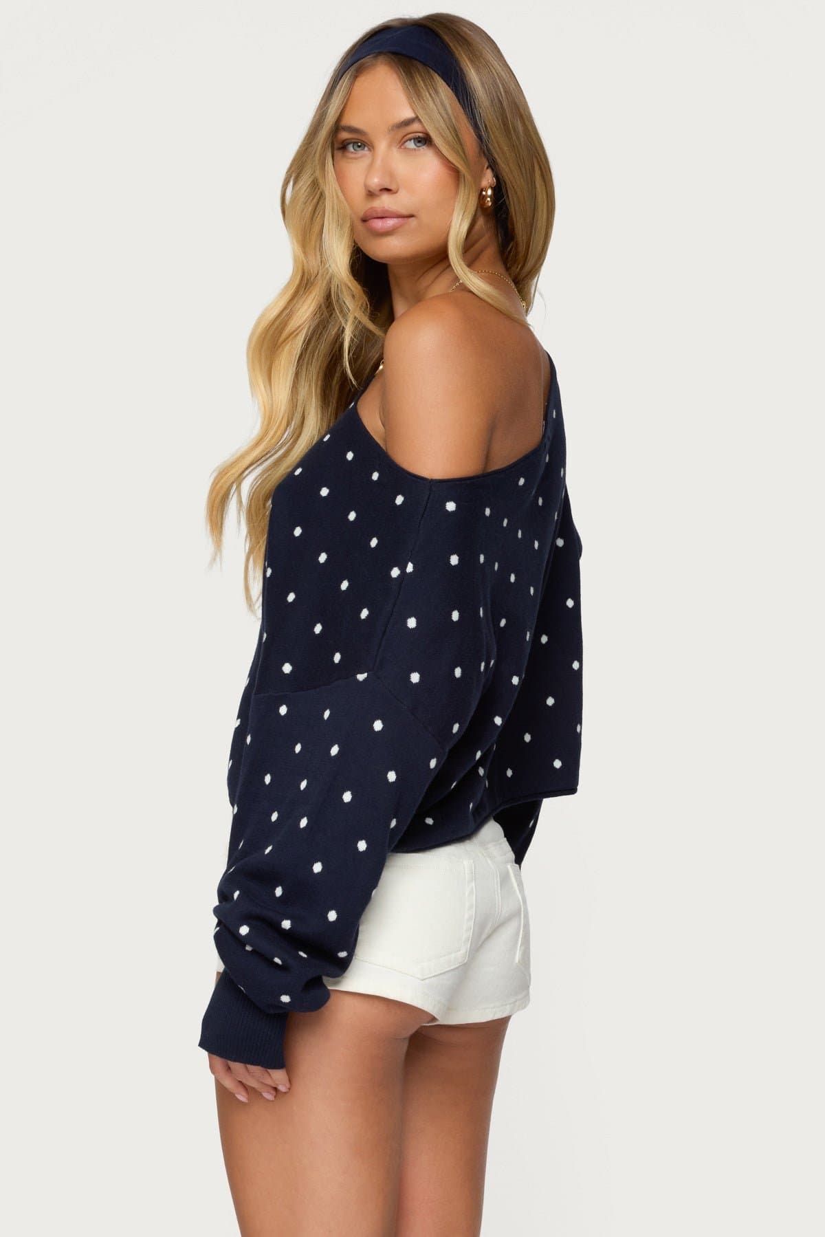 Oversized Off Shoulder Polka Dot Sweater 100% Cotton Knit