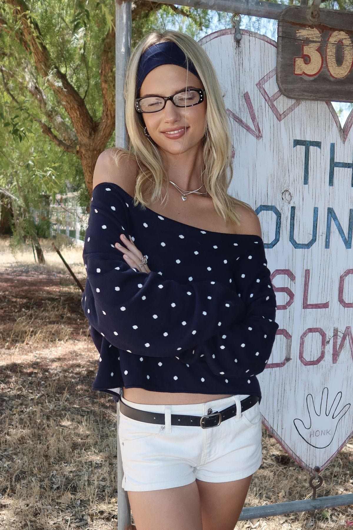 Oversized Off Shoulder Polka Dot Sweater 100% Cotton Knit
