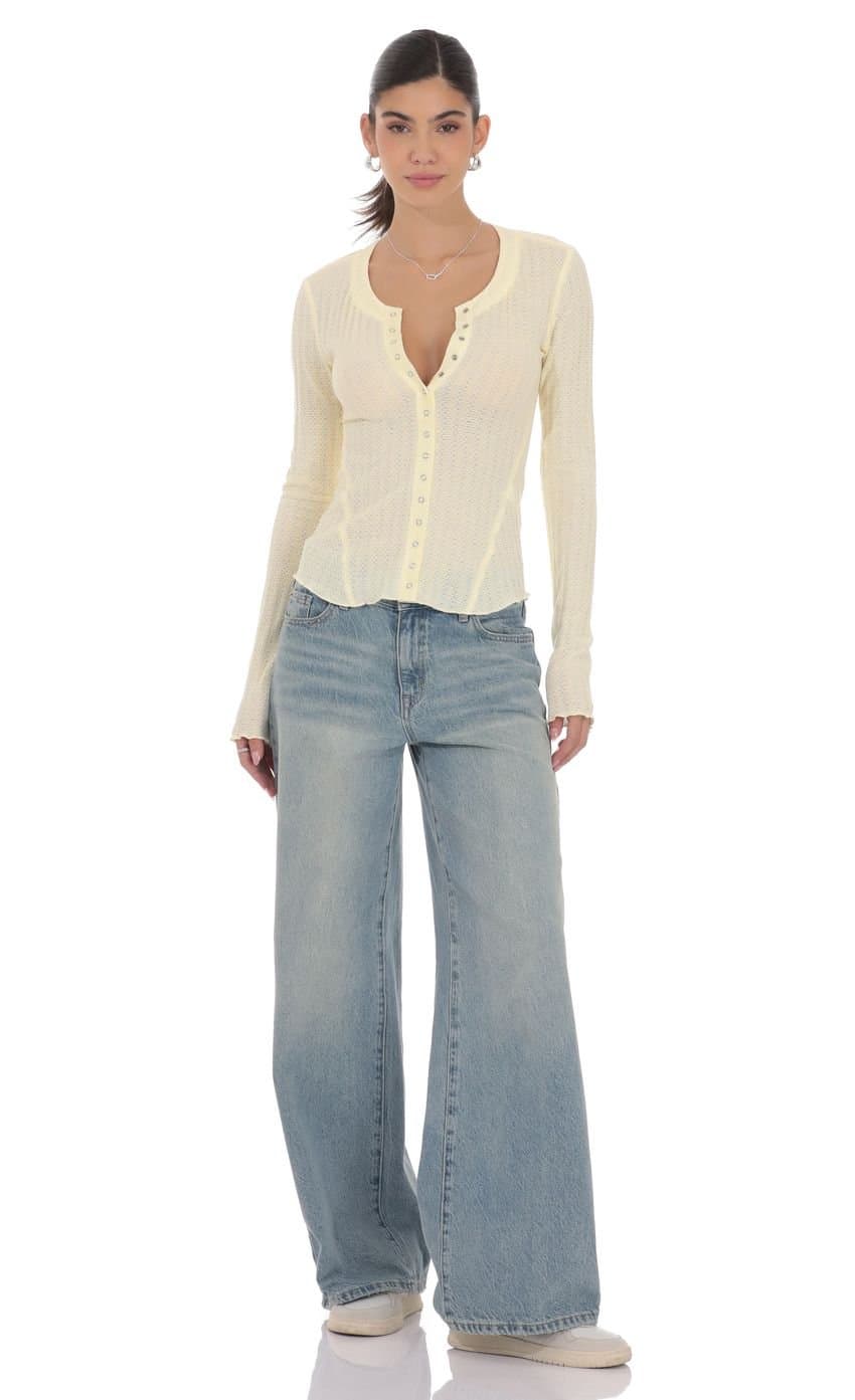 Textured Ribbed Button Top in Pastel Yellow