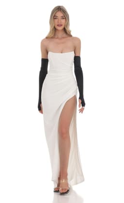 Satin Glove Strapless Corset Maxi Dress in White