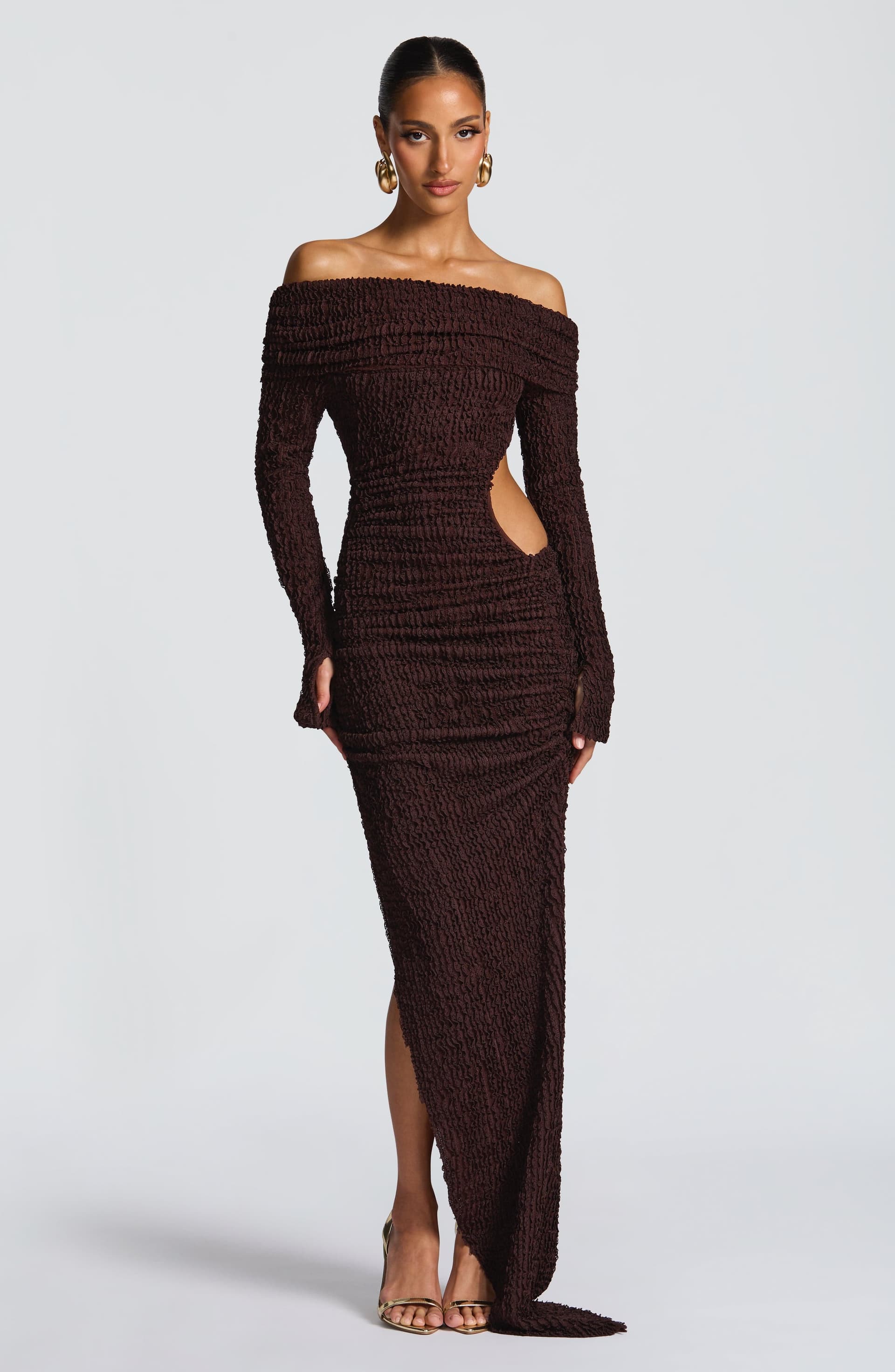 Adelphia Midi Dress Plum Brown Bardot Neckline Long Sleeve Asymmetric Skirt