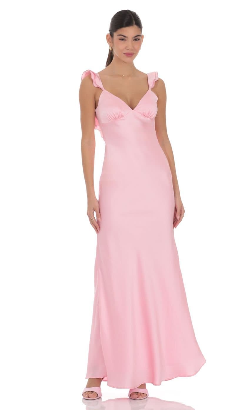 Satin Ruffle Open Back Maxi Dress in Pink