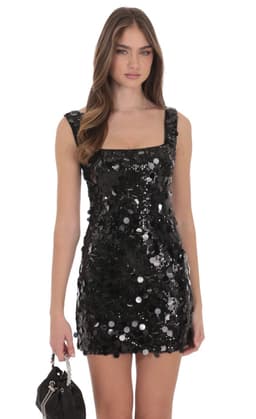 Circle Sequin Square Neck Dress in Black