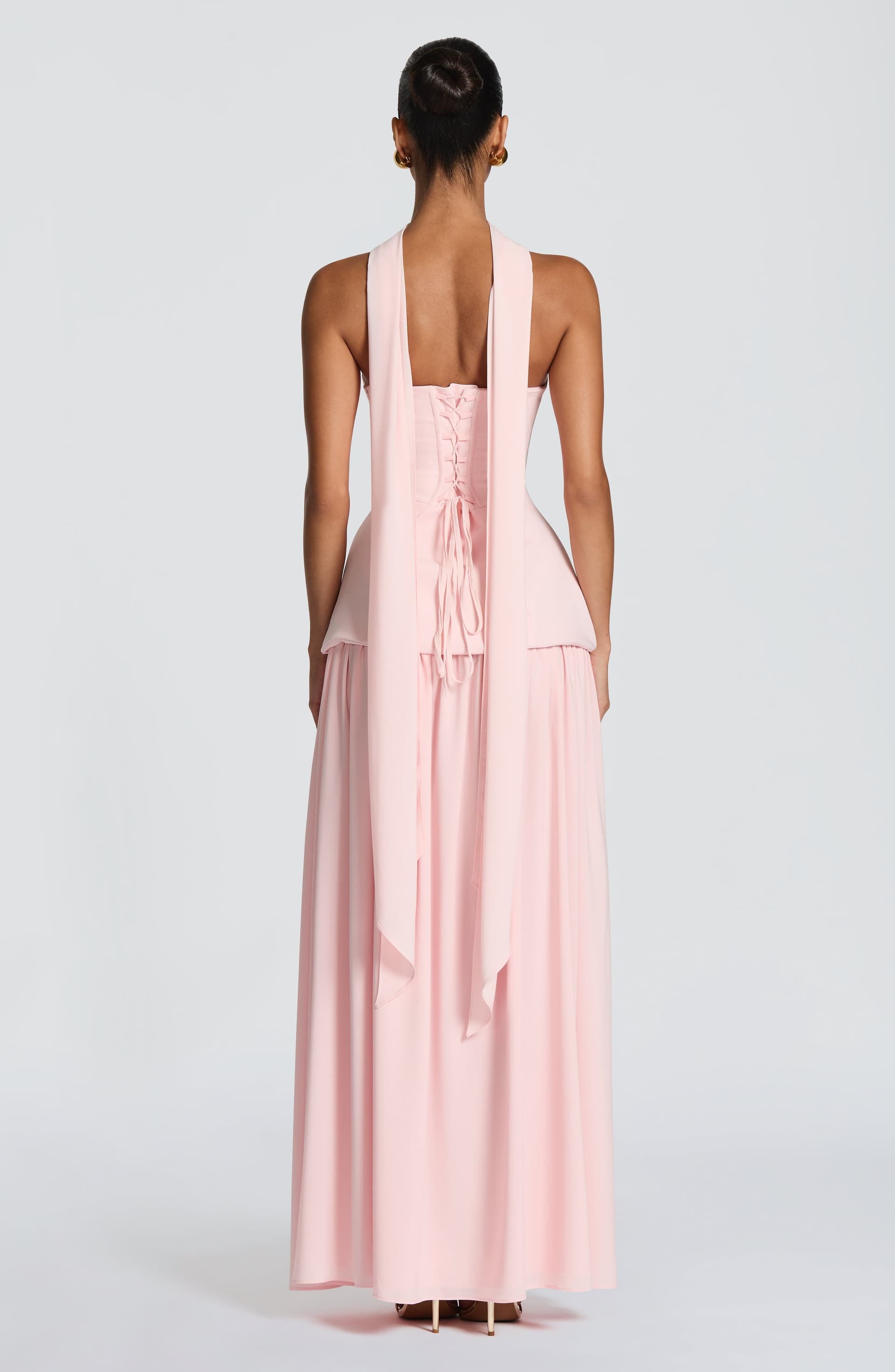 Vietta Maxi Dress in Blush - Crepe Corset Bodice Chiffon Skirt Thigh Split