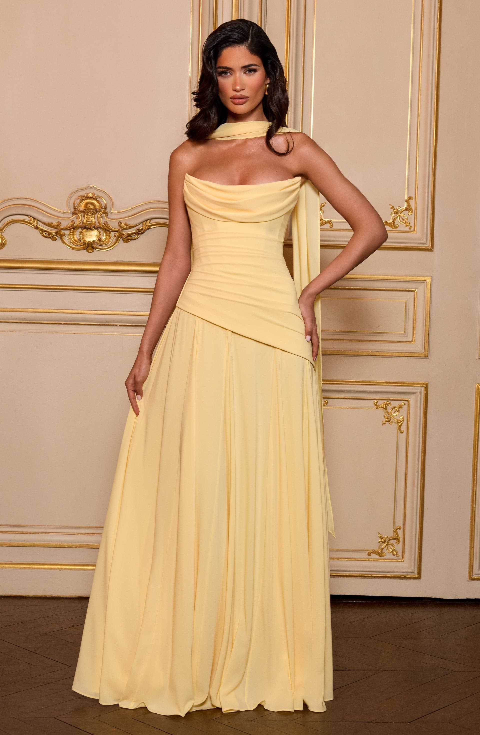 Patricia Lemon Chiffon Maxi Dress - Scooped Neckline, Lace-Up Back, Pleated Bodice