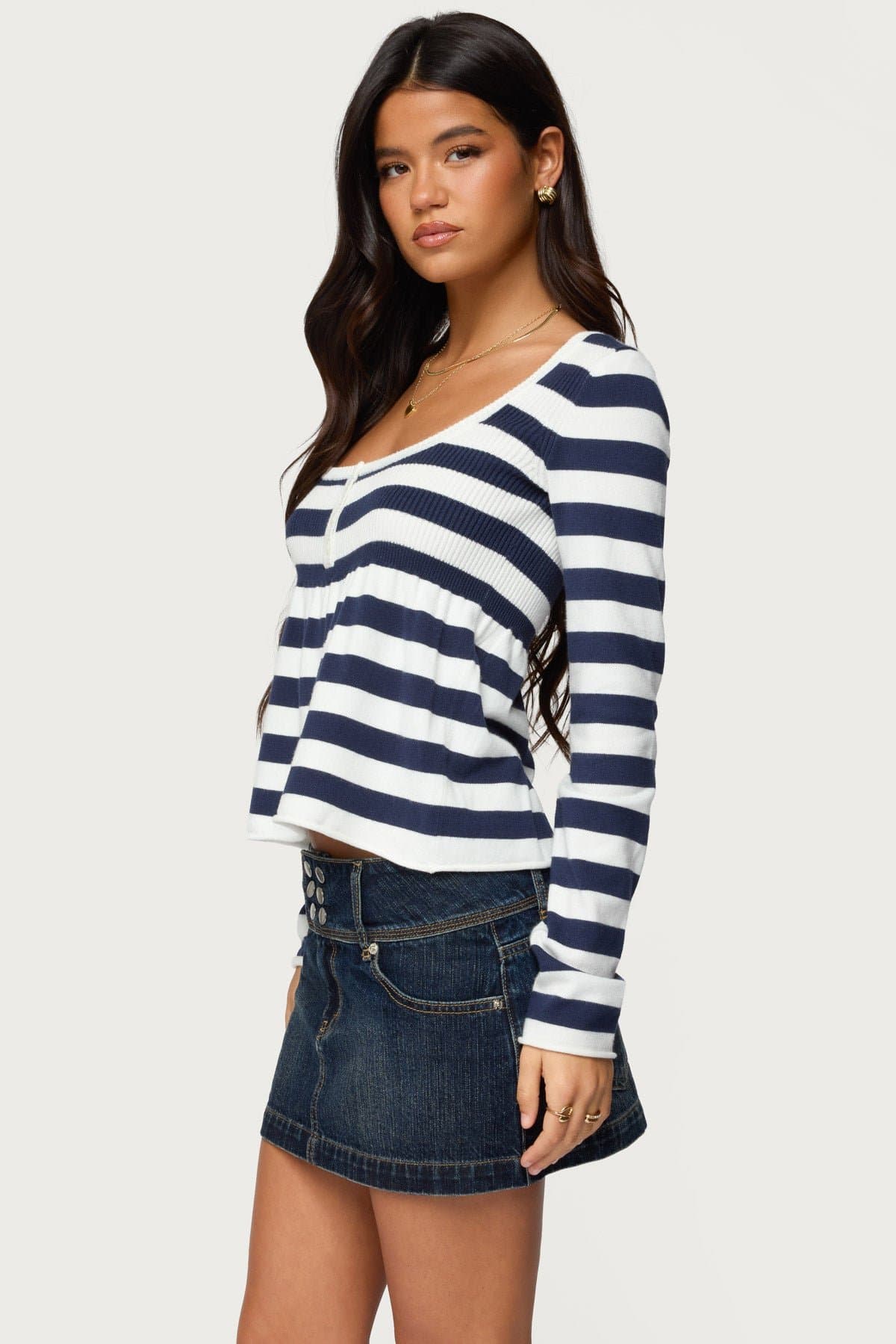 Lockie Striped Knit Babydoll Top - Long Sleeve Scoop Neck Rayon Polyester