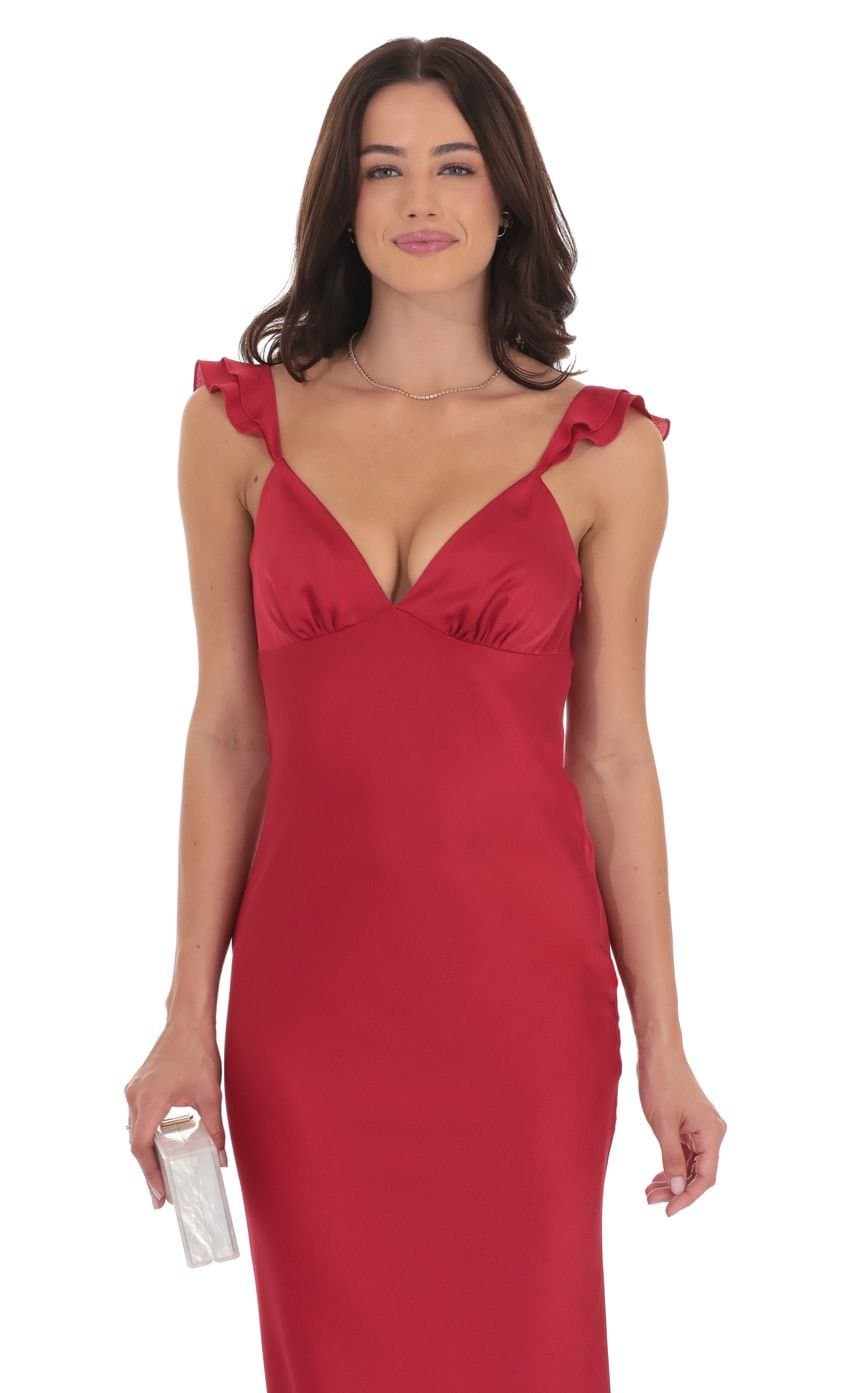 Satin Ruffle Open Maxi Dress in Red