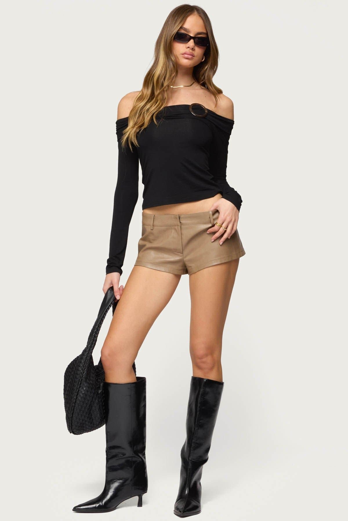 Mazi Foldover Gathered Ring Top - Long Sleeve Off Shoulder Rayon Spandex Blouse