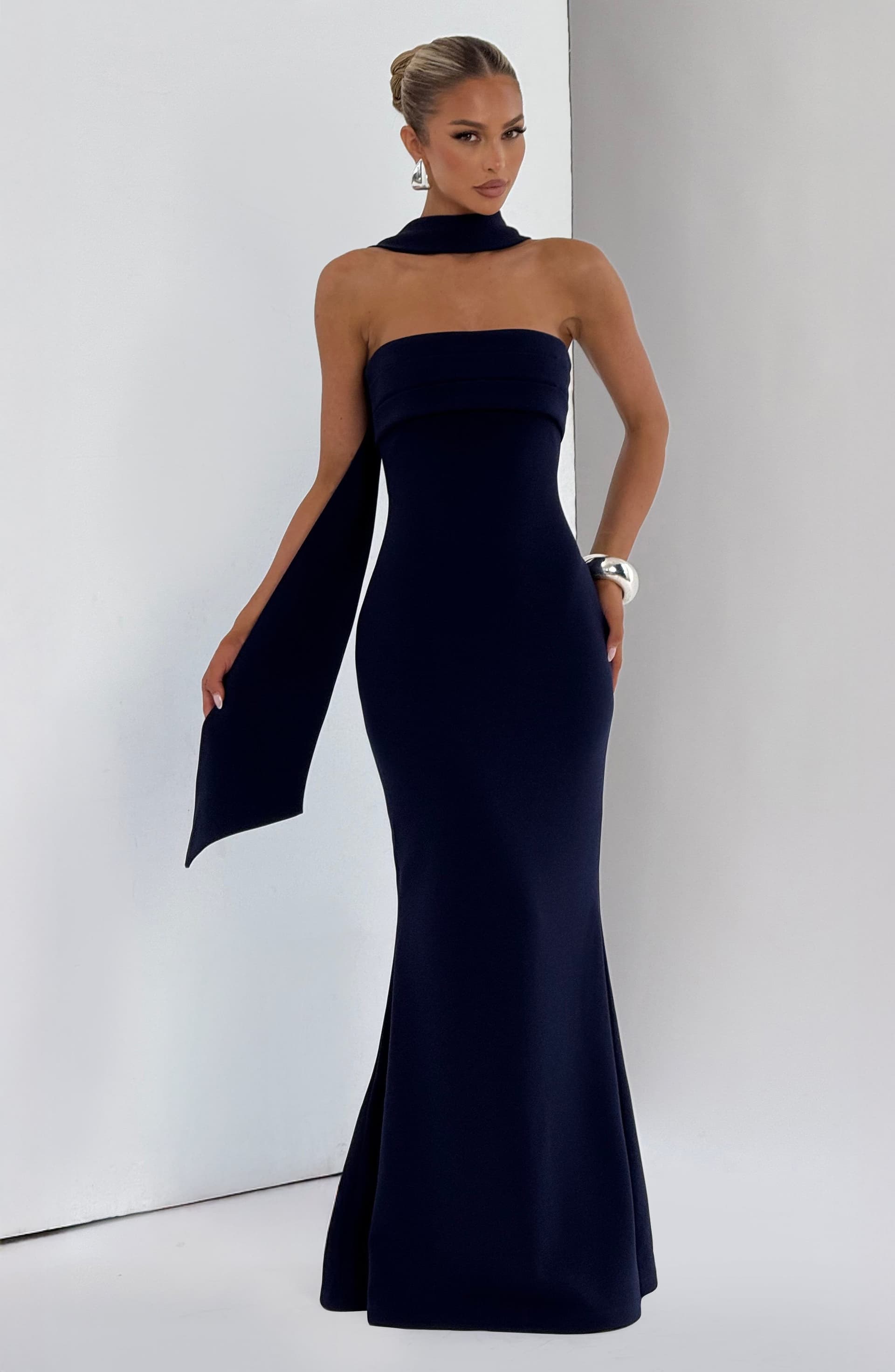 Leura Maxi Dress - Navy Strapless Stretch Crepe Fit and Flare with Pleated Bust