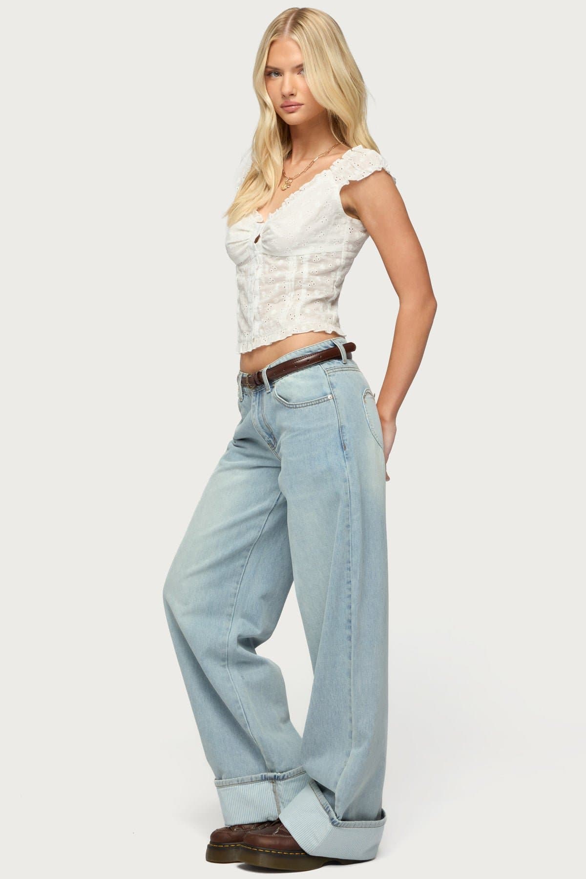 Dolsy Button Up Top - Wide V Neck, Short Puff Sleeves, Eyelet Cotton