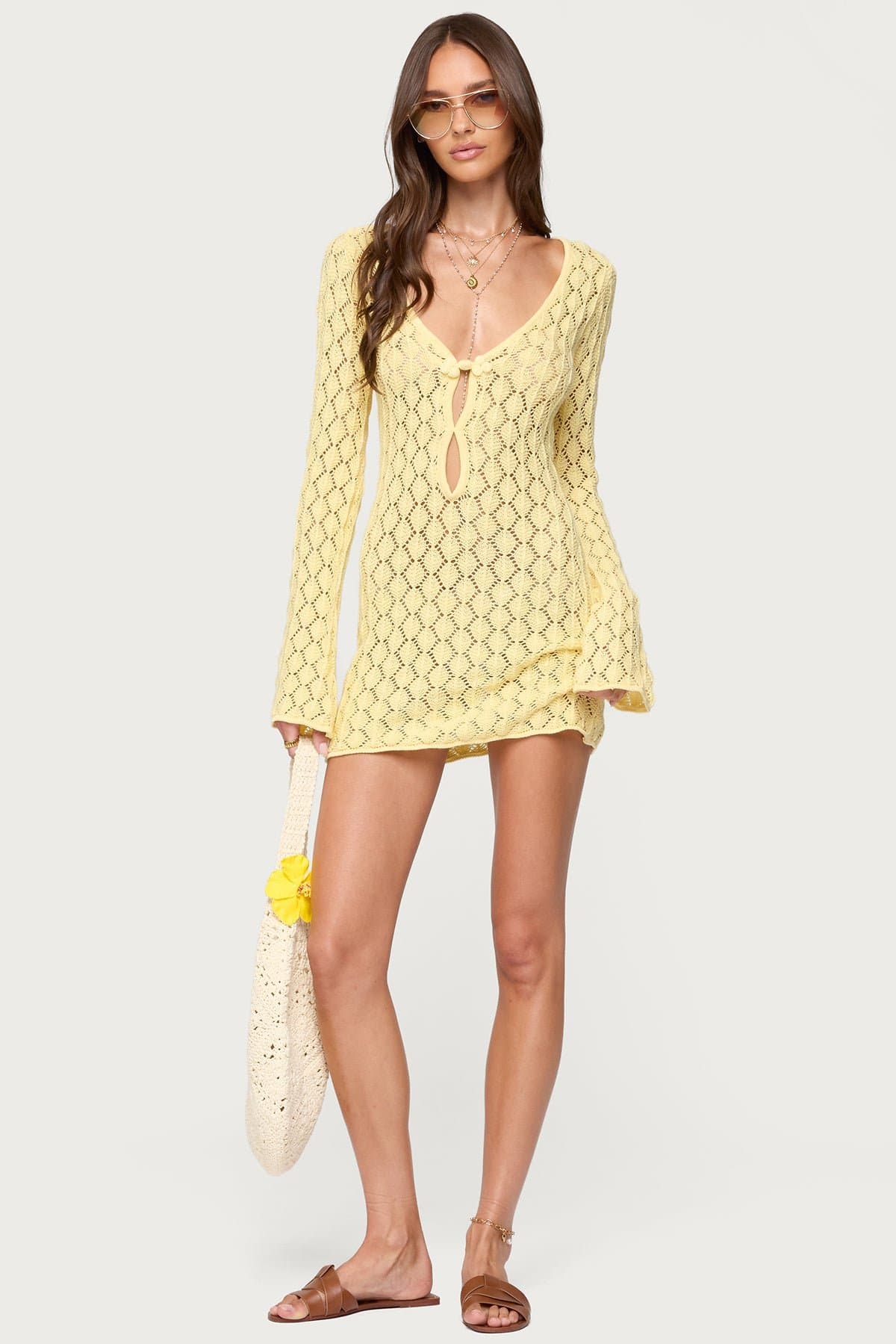 Brie Cut Out Crochet Mini Dress - Long Sleeve V Neck Cotton Polyester
