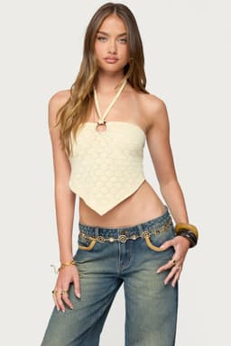 Alana Floral Handkerchief Halter Top - Textured Polyamide Cotton Spandex Open Back