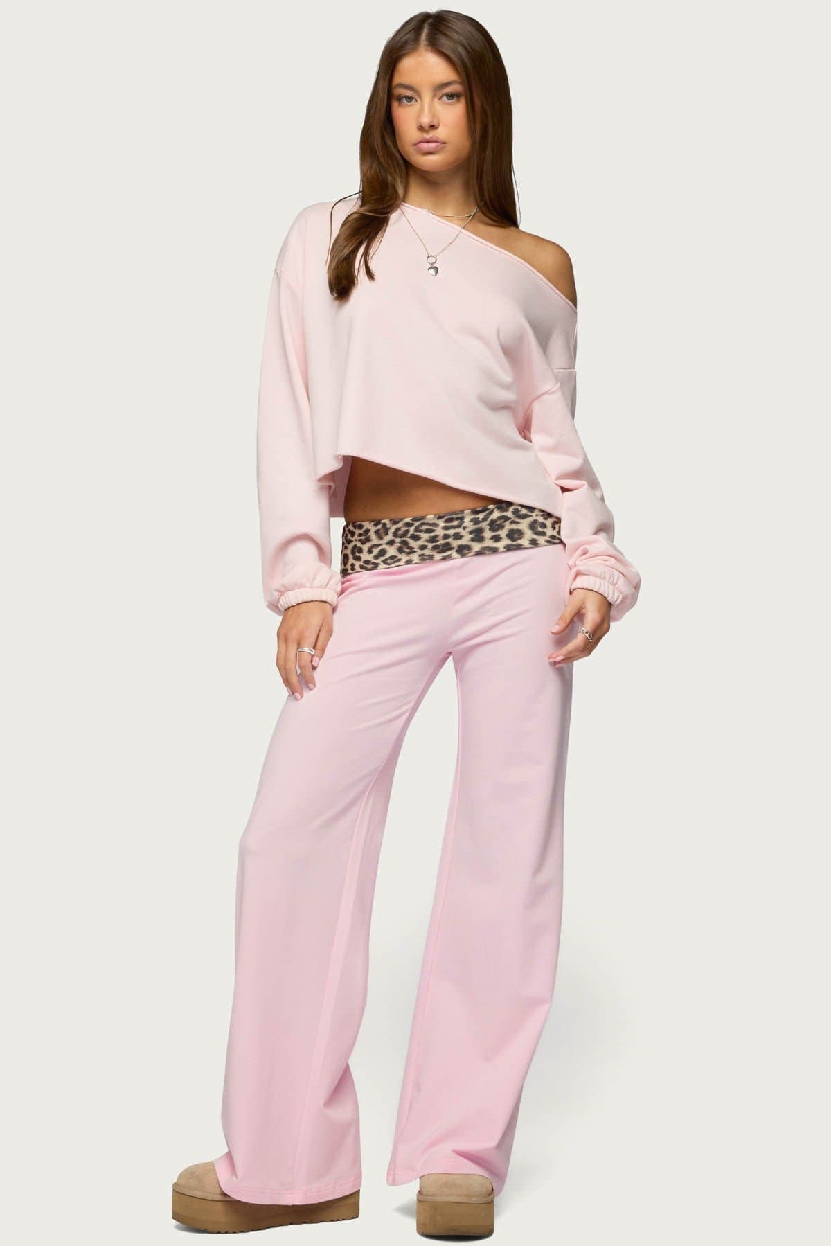 Leopard Foldover Pants - Flared Fit Cotton Spandex Inseam 31.5in Size S